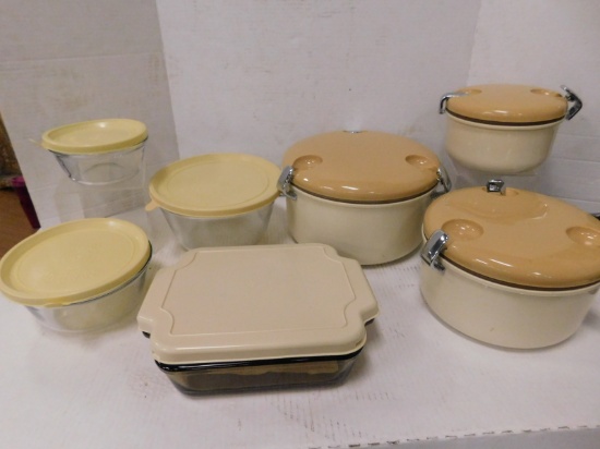 COVERED GLASS BOWLS; CAKE PAN & PLASTIC CONTINERS