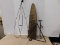 VINTAGE WOODEN HIDE STREATCHER;  RUG BEATER & DINNER BELL