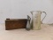 WOODEN SLIDE DRAWER BOX, TIN PITCHER & PEWTER VASE / PITCHER