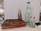 WOODEN COCA-COLA CRATE WITH 2 BOTTLES BOTTLE BANK AND HEINZ KETCHUP THEMOMETER