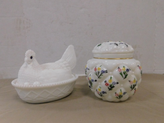 7" MILKGLASS HEN ON NEST & FLORAL MILK GLASS CANDY JAR