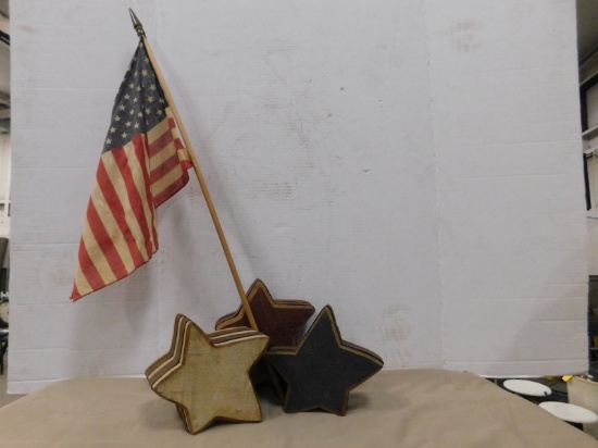 (3) WOODEN STARS & SMALL AMERICAN FLAG