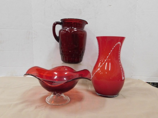 RUBY RED PITCHER, RUFFLED CANDY DISH & RED ART GLASS VASE