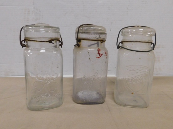 (3) VINTAGE BAILED GLASS TOP CANNING JARS