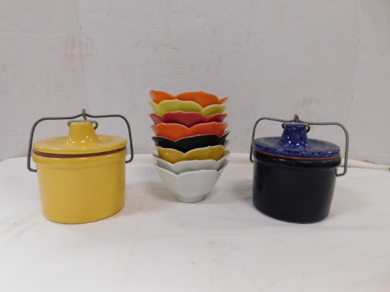 (2) STONEWARE CHEESE CROCKS & (8) VINTAGE LOTUS