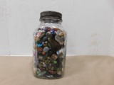 VINTAGE JAR W/ MISC. ROCKS, BEADS ECT.