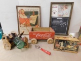 WOODEN HANDMADE COCA-COLA WAGON, BOTTLE OPENERS, CHALK BOARD & FRAMED AD