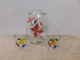 HAND PAINTED GLASS COOKIE JAR & CREAM / SUGAR