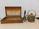 WOODEN BOX, PEACOCK TEA POT & 2 BELLS