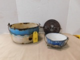 (2) ENAMEL BAILED POTS; CAST IRON DAMPER