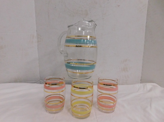 VINTAGE STRIPED GLASS PITCHER W/ (3) GLASSES