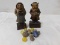 (2) HAND CARVED MAN & WOMAN FIGURINES & SMALL BAG VINTAGE MARBLES