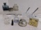 ASSORTED INK BOTTLES AND PAPER CLIPS / WEIGHTS