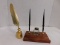 WOODEN FOUNTAIN PEN DESK SET & GOLD TONE PAPER WEIGHT / PEN HOLDER