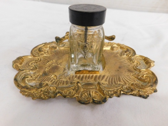 GOLD TONE TIN W/ GLASS INK WELL