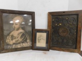 VINTAGE FRAMED PRINTS & ORNATE WOODEN DOOR