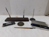 LEATHER PEN HOLDER DESK SET & MISC. DESK ITEMS