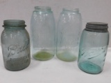 (4) VINTAGE GREEN / BLUE CANNING JARS