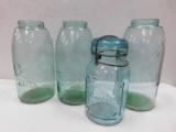 (4) VINTAGE GREEN / BLUE CANNING JARS