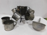 (7) TIN CUPS AND TIN DIPPER ON RACK