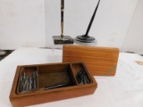 INLAID WOODEN BOX W/ FOUNTAIN PEN TIPS & (2) PEN HOLDERS