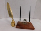 WOODEN FOUNTAIN PEN DESK SET & GOLD TONE PAPER WEIGHT / PEN HOLDER