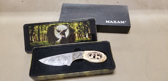 MAXAM 4 1/4" HUNTING KNIFE W/ CARVED STAG STYLE HANDLE - NIB