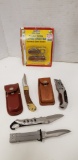 SHARP & CRAFTSMAN POCKET KNIVES W/ LEATHER HOLSTERS & (3) OTHER POCKET KNIVES