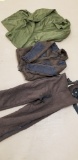 MEDIUM LONG INSULATED BROWN BIBS & MATCHING COAT & PR OF SMALL GREEN COVERALLS