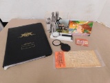 COIN FOLDER, POST CARDS, MAGNIFYING GLASSES, ELVIS STAMP, GETTYSBURG ADDRESS