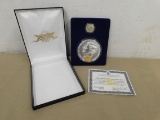 LARGE JOHN F. KENNEDY COMMEMORATIVE COIN & 1964 SILVER HALF DOLLAR