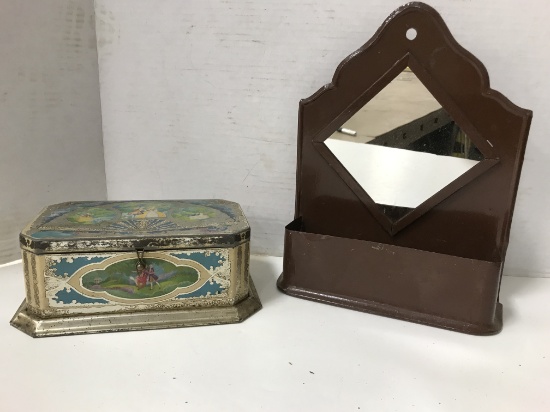 VINTAGE TIN MIRRORED BRUSH HOLDER & TIN CANDY BOX