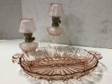 (2) SMALL PINK SATIN OIL LAMPS & PINK DEPRESSION GLASS DIVIDED DISH