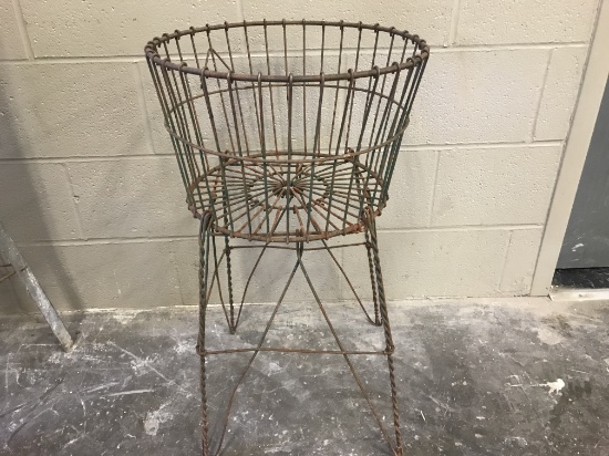 ANTIQUE F. M. THORPE?  WIRE STORAGE / LAUNDRY BASKET ON STAND
