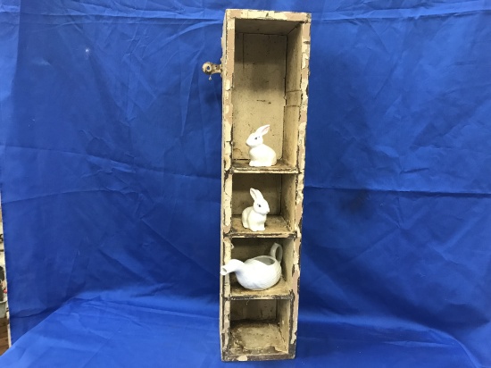 SMALL WOODEN WALL CABINET W/ BUNNY S&P, GOOSE CREAMER