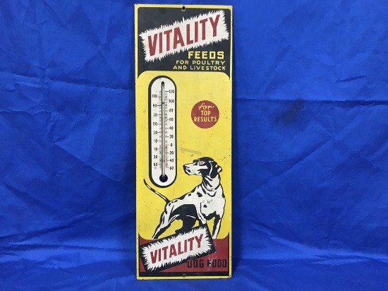 WOODEN VITALITY FEEDS DOG FOOD  ADVERTISING THERMOMETER
