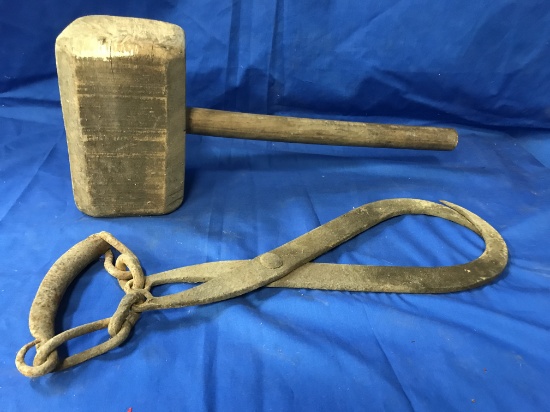 LARGE WOOD MALLET & ICE TONGS