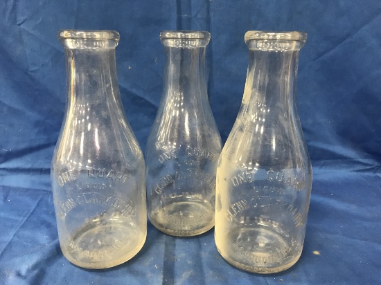 (3) GLEN CLARK DAIRY MAQUON IL QUART MILK BOTTLES