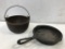 SMALL UNMARKED CAST IRON SKILLET & KETTLE