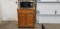WOODEN ROLL AROUND CART W/ EMERSON MICROWAVE OVEN