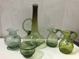 (5) VINTAGE GREEN GLASS PITCHERS & VASES