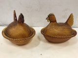 (2) AMBER HEN ON NEST CANDY BOWLS