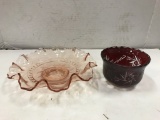 PINK DEPRESSION RUFFELED BOWL & RUBY RED ETCHED GLASS DISH