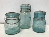 (3) BLUE / GREEN BAILED CANNING JARS