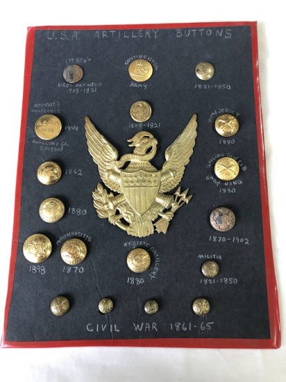 LOT of (18) U.S. Artillery Buttons on Display Card 1808 - 1865