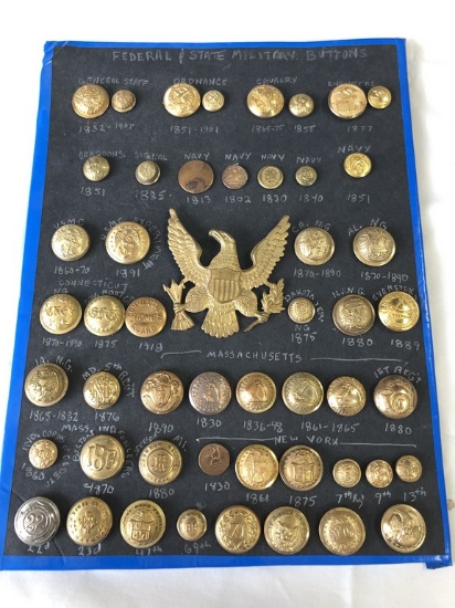 LOT of (50) Federal & State Military Buttons on Display Card 1800 - 1890