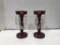 VINTAGE ETCHED GLASS RUBY RED CANDLESTICKS W/ PRISIMS