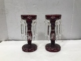 VINTAGE ETCHED GLASS RUBY RED CANDLESTICKS W/ PRISIMS