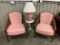 MAUVE UPHOLSTERED WALNUT SIDE CHAIRS W/ SMALL ROUND TABLE & MAUVE LAMP