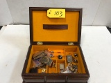 JEWLERY BOX OF MISC. RINGS, CUFF LINKS, BRACLETS, & LADIES WATCHES